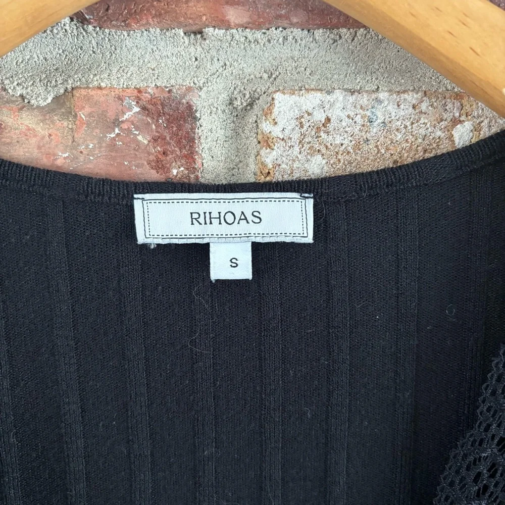 Rihoas Black Lace Trim Ribbed Crop Short Sleeve Shirt Top, S - Picture 4 of 6